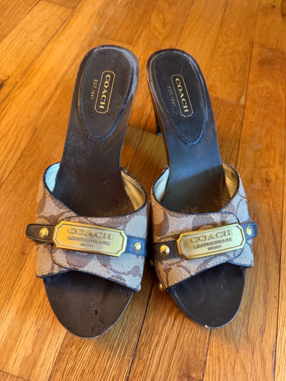 Coach Brown Signature Canvas Slip-On Sandal with Gold Plaque